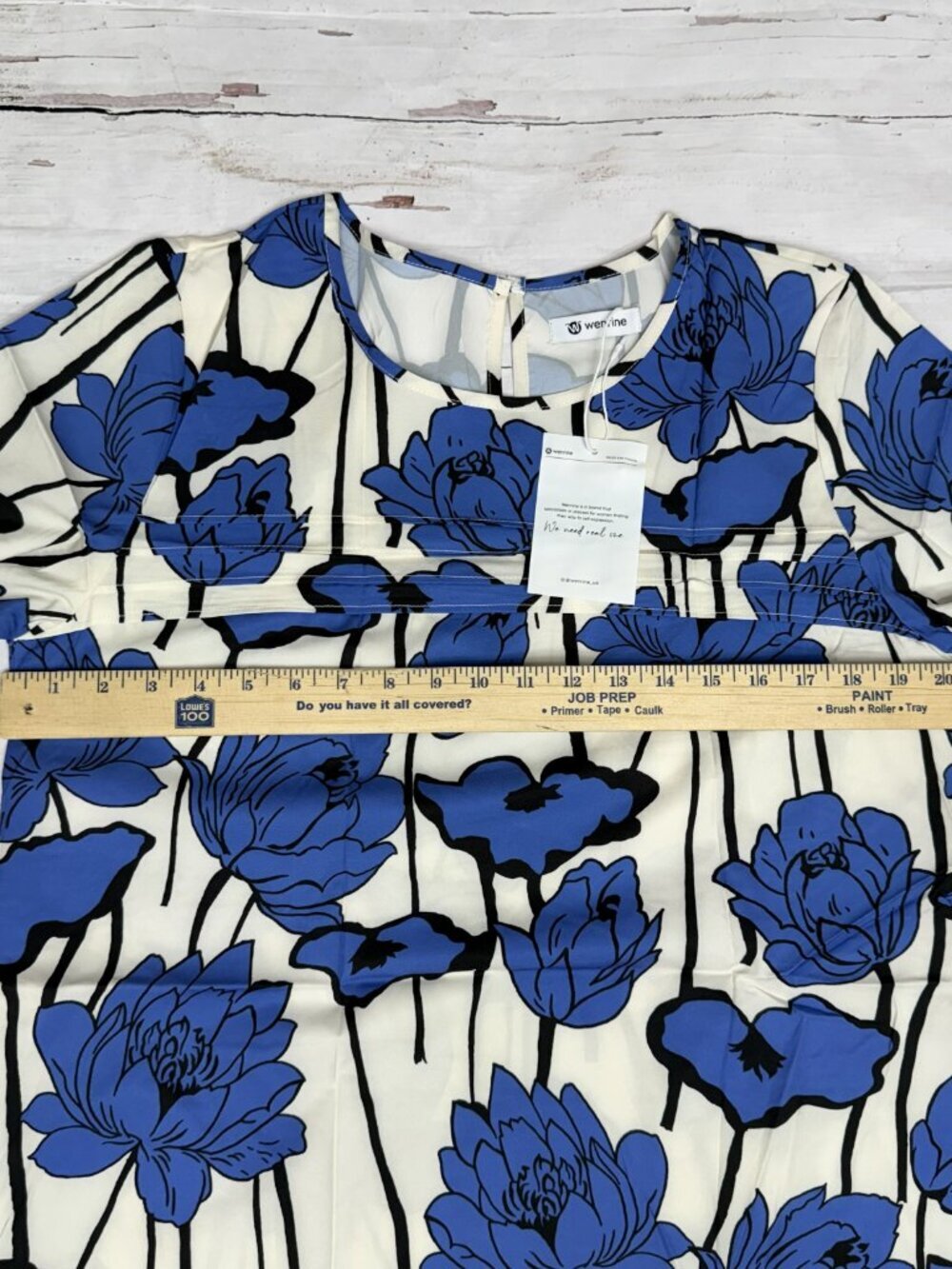 Wenrine Blue Floral Shift Dress L Short Sleeve A-Line Midi NWT - Picture 5 of 7